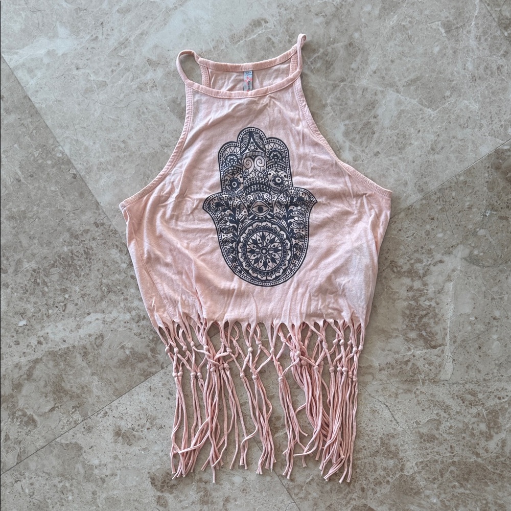 Hamsa spiritual pink / coral yogi tied fringe tank top